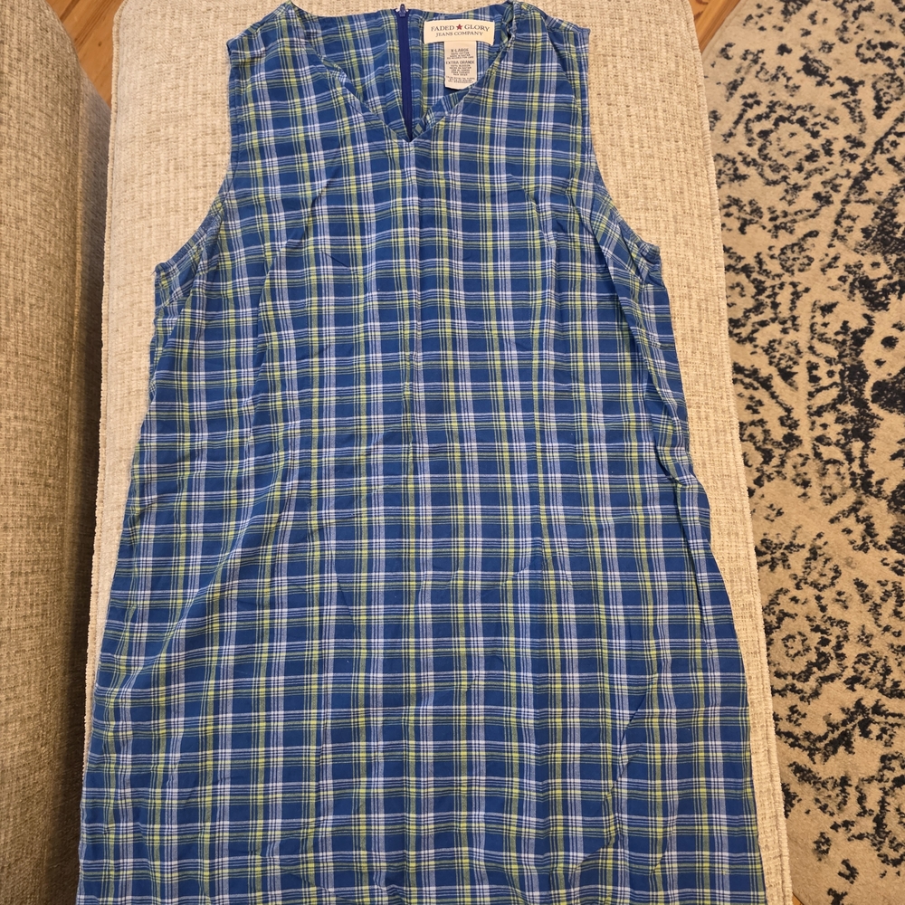 Vintage Cotton Blue and Green Plaid Sleeveless Dress